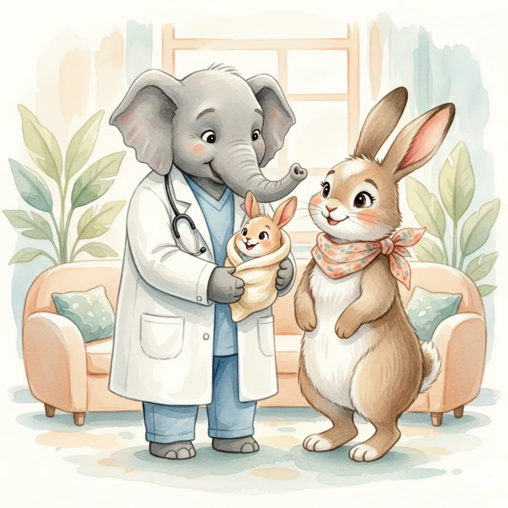 Friendly elephant doctor holding a baby bunny while the parent watches warmly