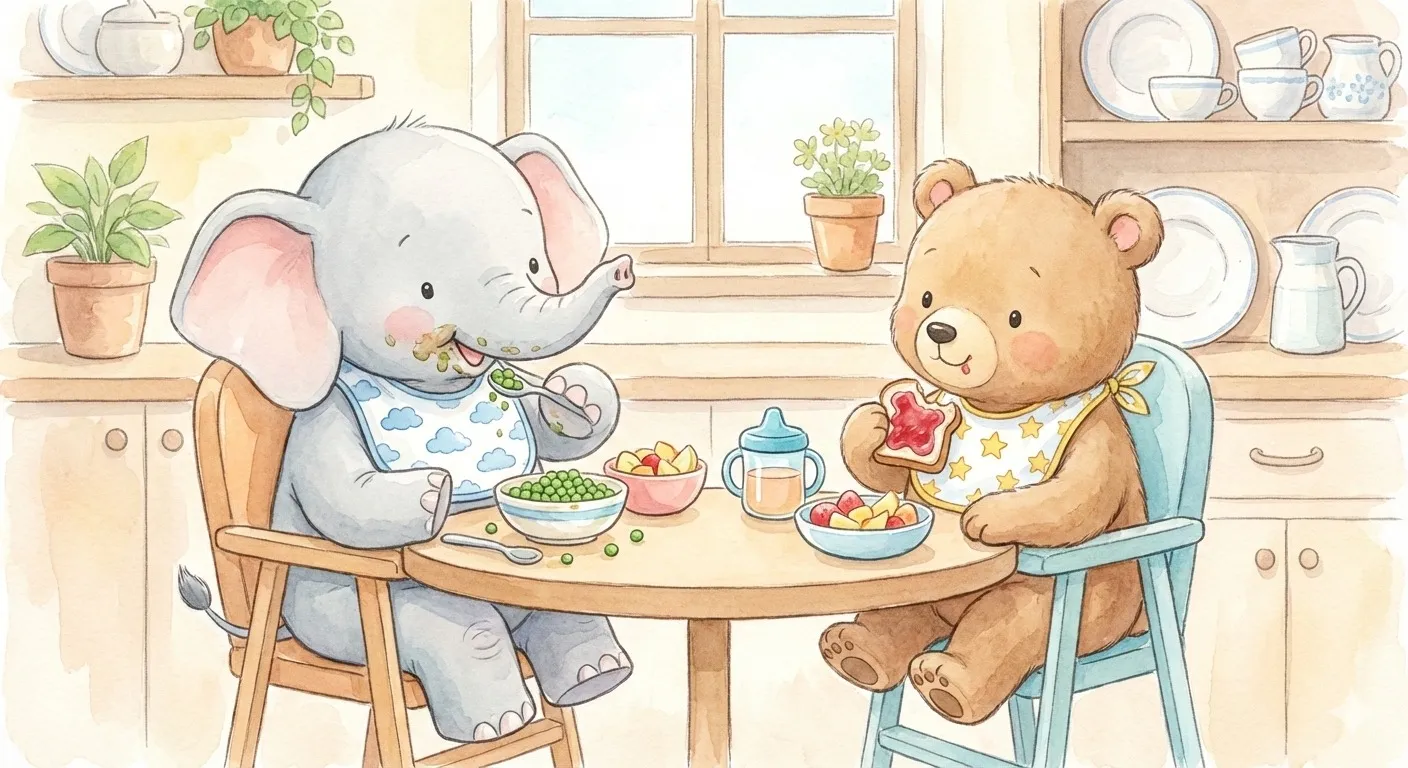 Cute illustration of baby animals learning to eat solid foods